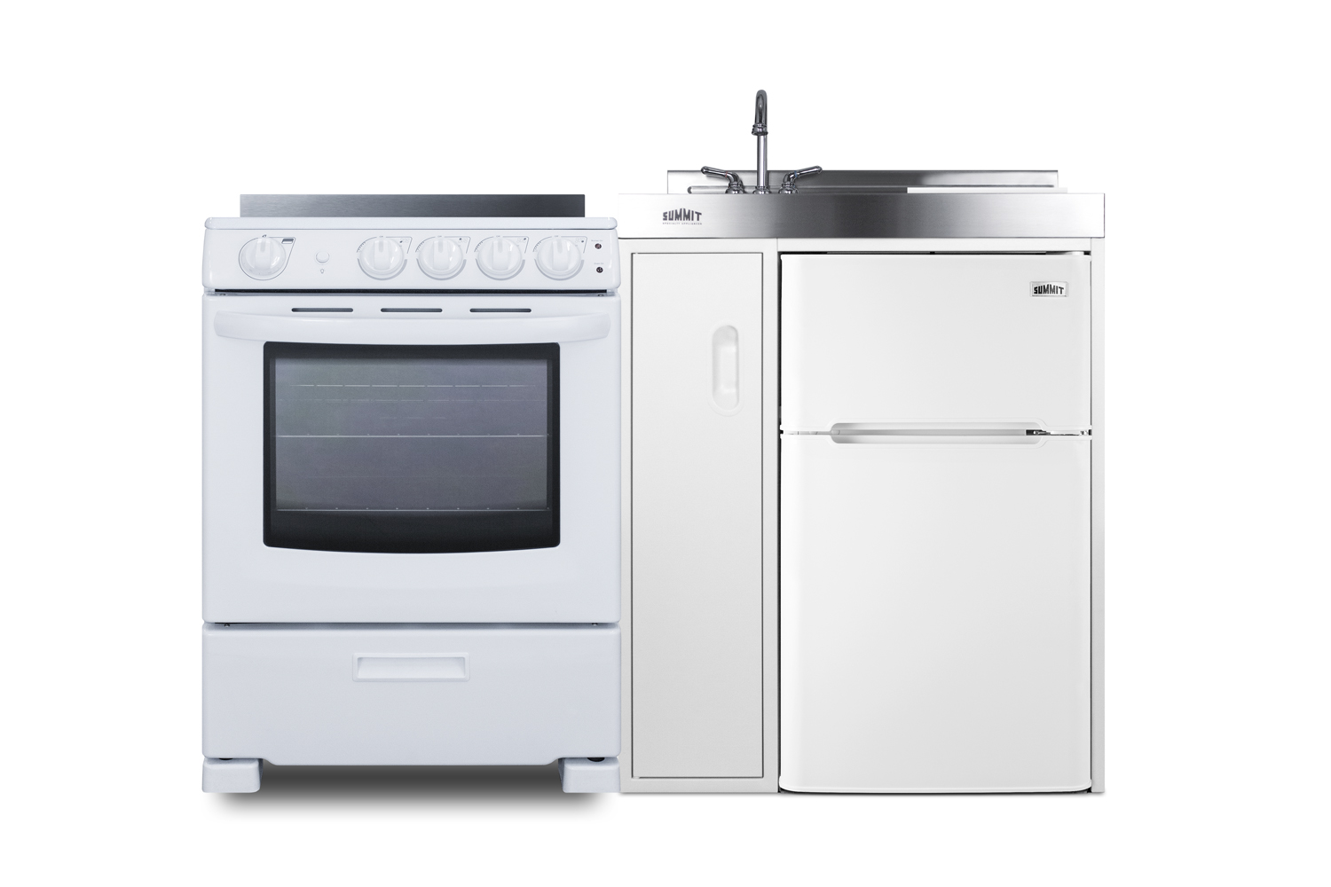54 inch wide all-in-one kitchenette with 4-burner 220V smooth-top electric range, refrigerator-freezer, sink, cutting board and cutlery storage, and a storage cabinet